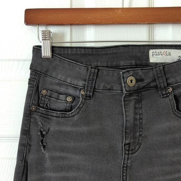 Pistola Classic Mid Rise Distressed Cropped Raw Hem Skinny Jeans Faded Black 27 - Picture 11 of 14